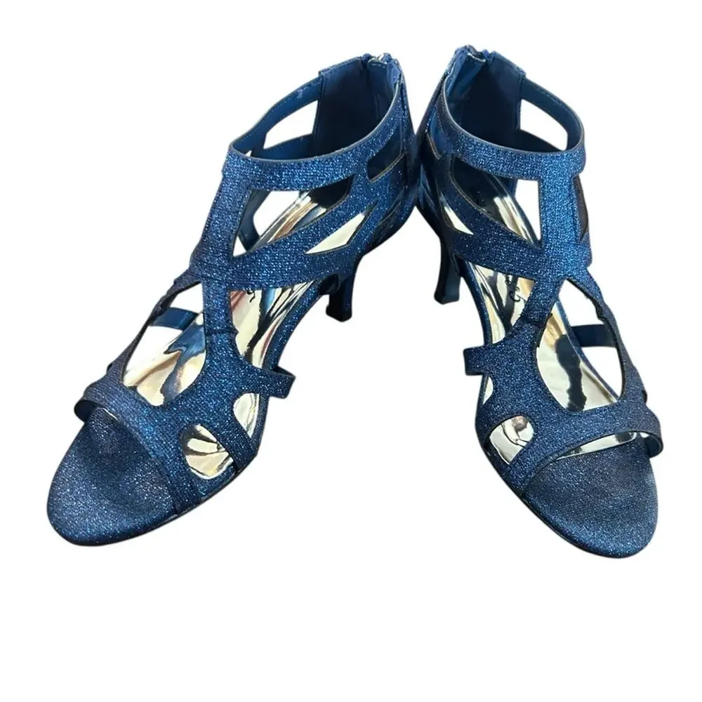 Easy Street Flattery Navy Glitter Caged Evening Dress Sandals Mid Heel NEW 5 - Picture 5 of 10